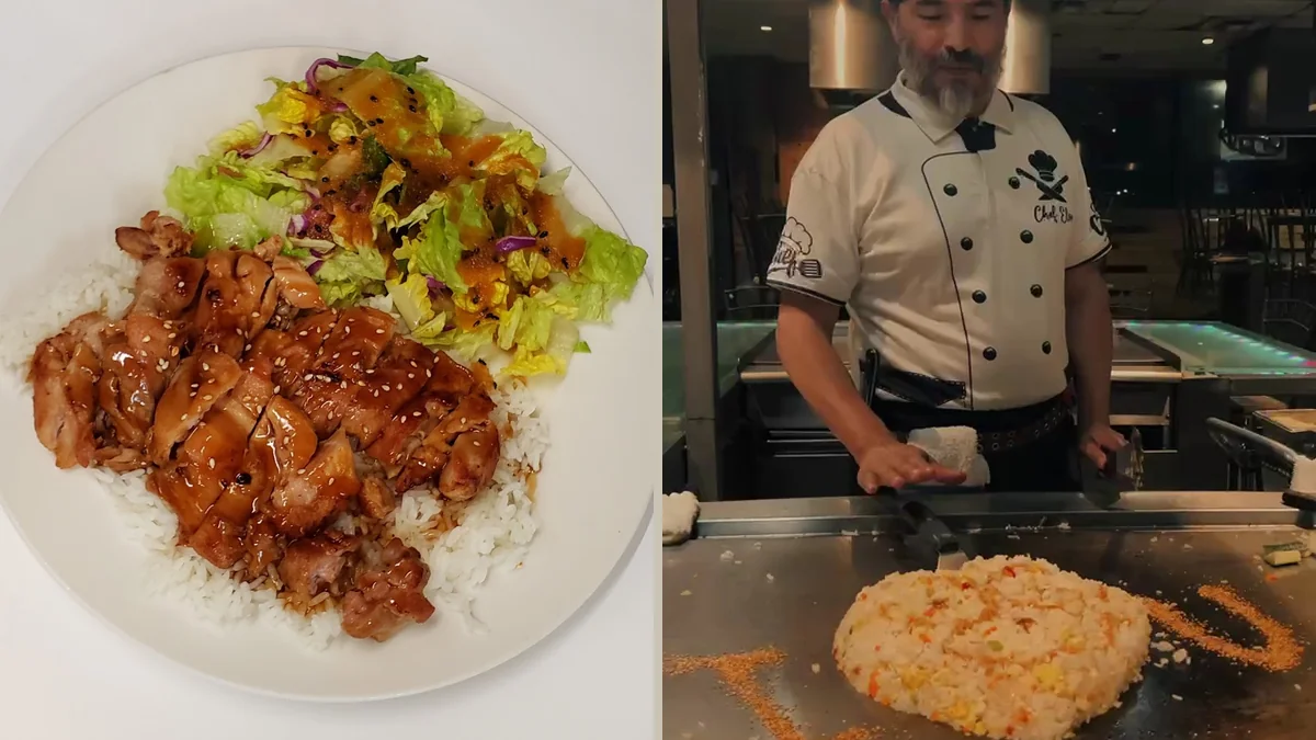 Hibachi grill with a chef cooking at the table.