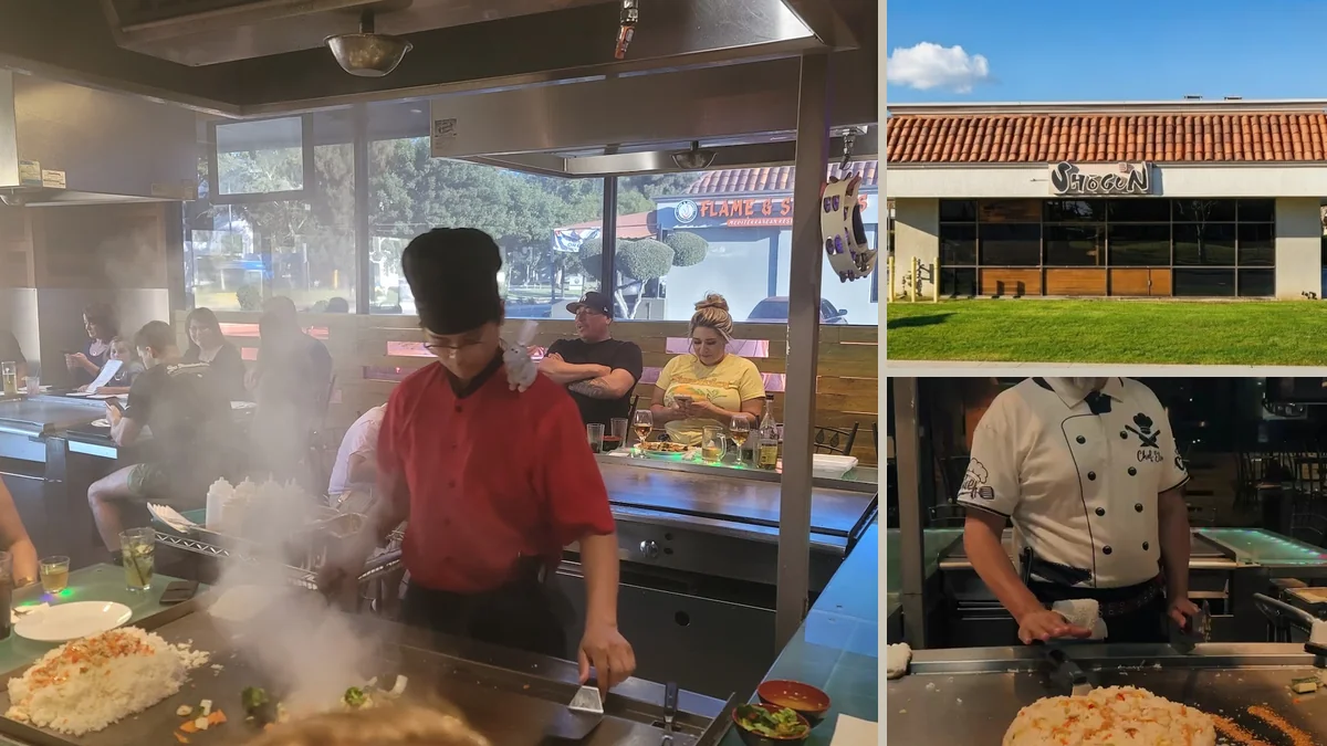 Hibachi grill with a chef cooking at the table.