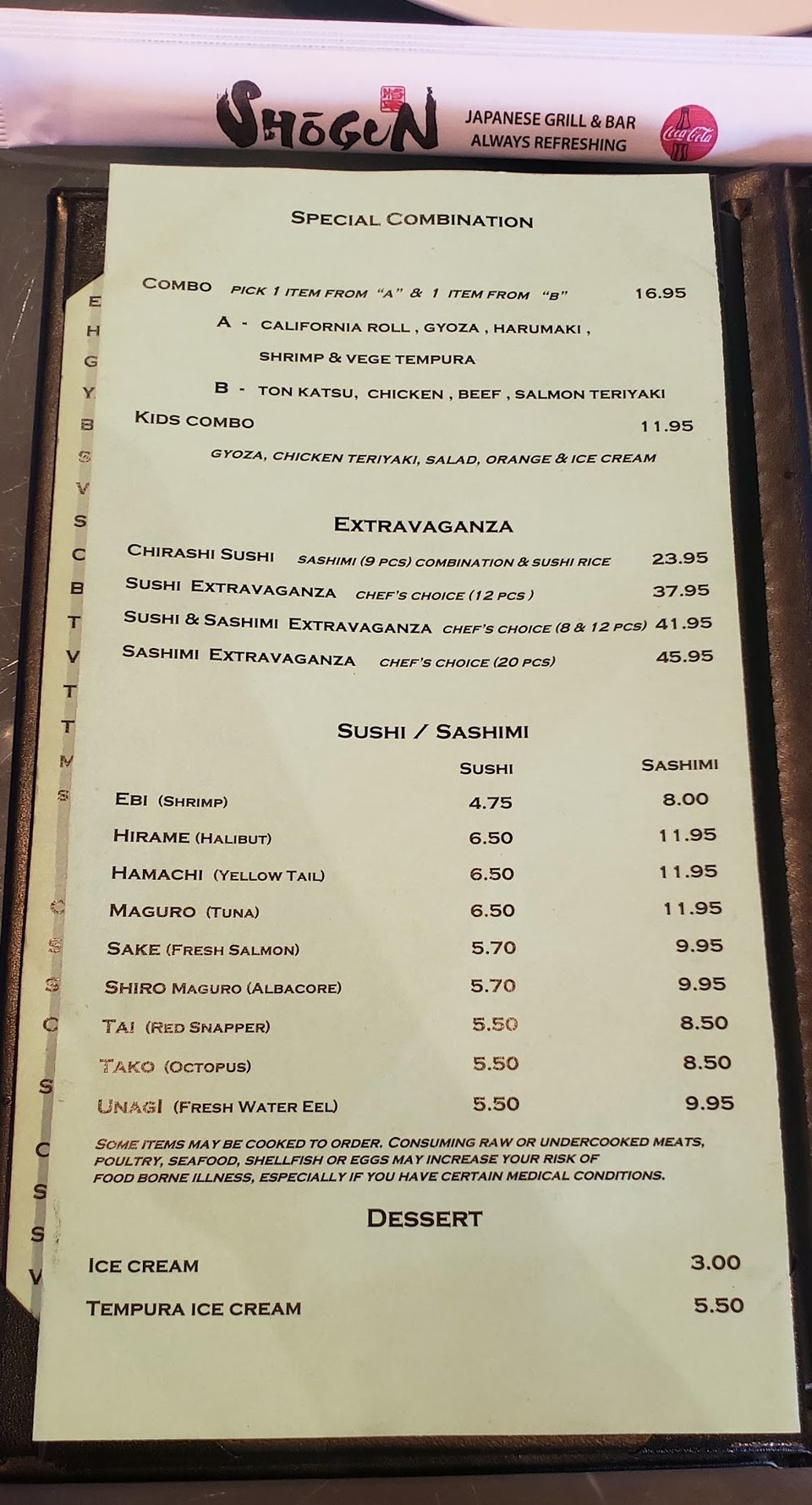 Restaurant menu showing teppanyaki category headings.